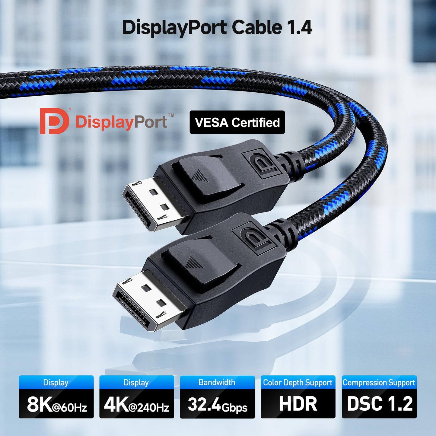 Cable Matters [VESA Certified] 1.8 m Braided DisplayPort Cable 1.4, Support 8K 60Hz, 4K 240Hz (DisplayPort 1.4 Cable) with FreeSync, G-SYNC and HDR for Gaming Monitor, PC, RTX 3080/3090, RX 6800/6900