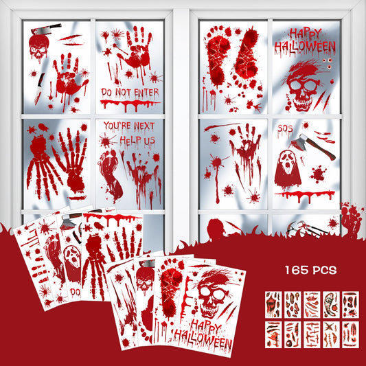 Halloween Decorations 165 PCS, 8 Sheets Bloody Handprint Footprint Halloween Wall Decal Floor Window Stickers,10 Sheets Wound Tattoo Stickers, Scary Party Decorations Window Stickers