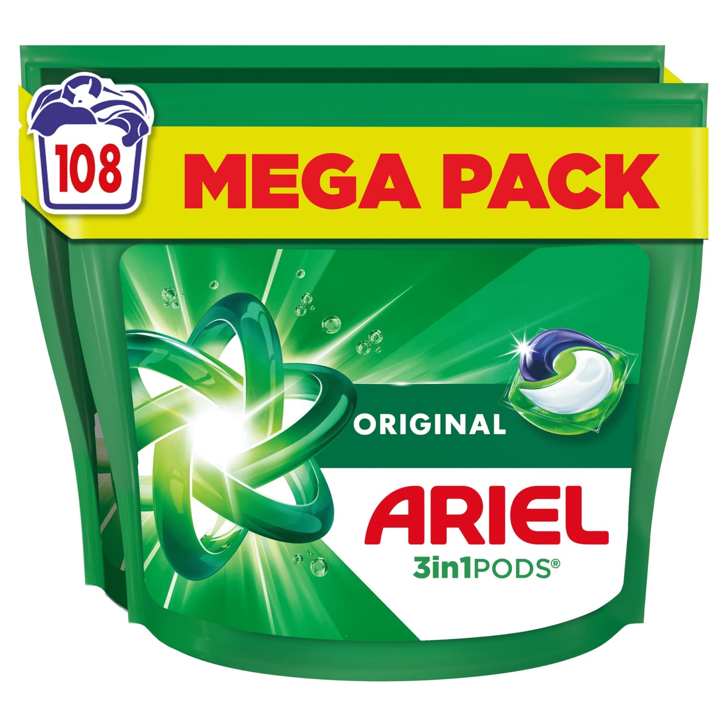 Ariel All-in-1 PODS®, Washing Liquid Laundry Detergent Capsules 108 Washes (54x2), Original, Outstanding Stain Removal In 1 Wash, Brrrilliant In Cold & Short