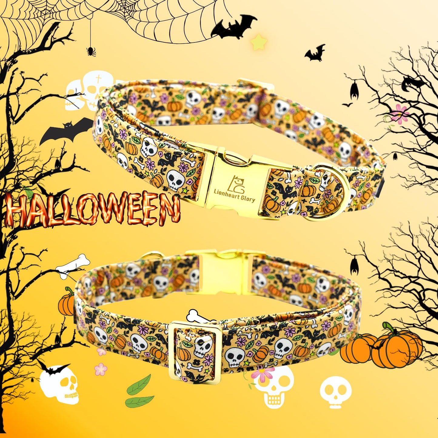Lionheart Glory Halloween Dog Collars Skull Collar with Adjustable Flower Pattern for Small Dogs Puppy