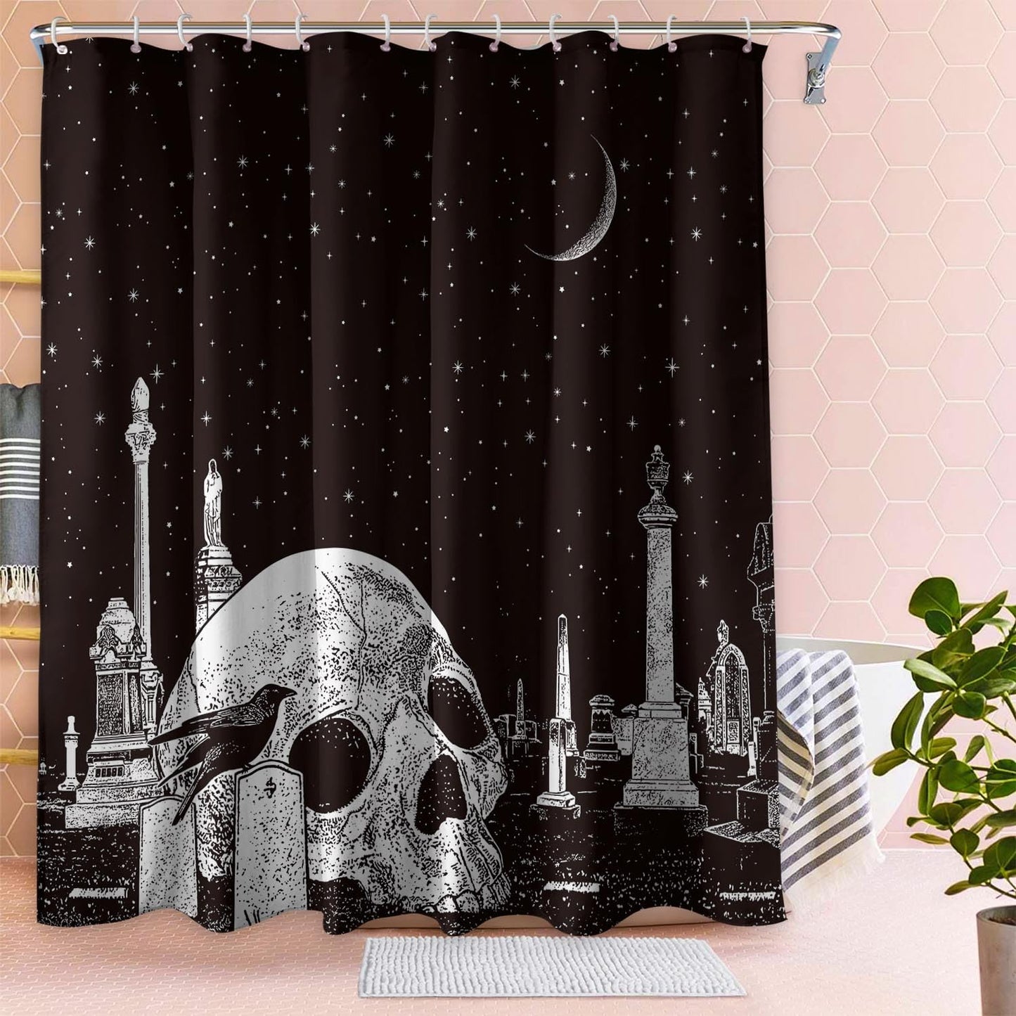 Mloabuc® Happy Halloween Shower Curtain 72x72inch Gothic Black White Sugar Skull Skeleton Witchy Shower Curtain Spooky Bathroom Set Moon Crow Bathtub Accessoriess Decor, Sets with 12 Hooks