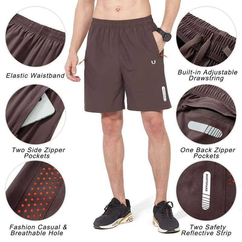 NORTHYARD Men's Athletic Running Shorts Gym Workout 7"/9"/5" Quick Dry Lightweight Sports Basketball Tennis 3 Zipper Pockets Coffee L