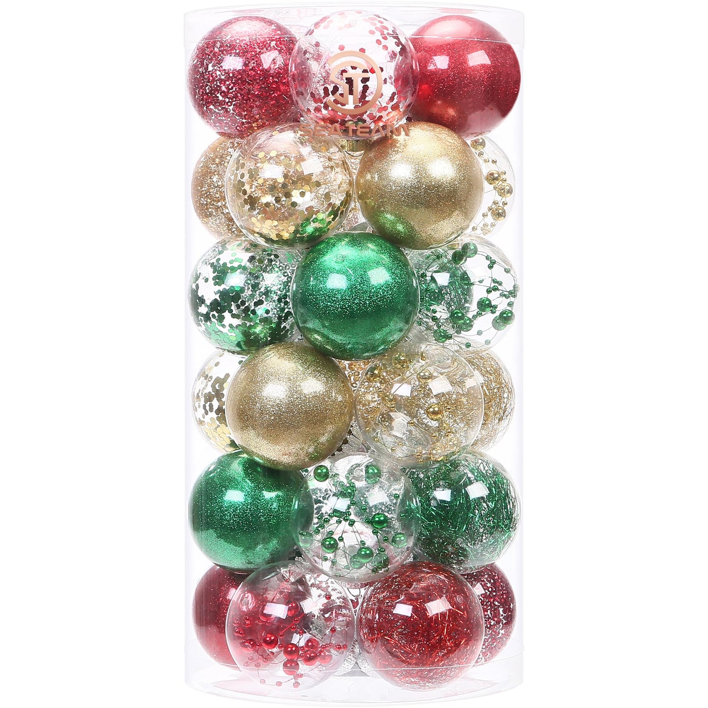 Sea Team 60mm/2.36" Shatterproof Clear Plastic Christmas Tree Ball Ornaments Set, Decorative Hanging Transparent Xmas Baubles with Stuffed Delicate Decorations (30 Counts, Gold, Red, Green)