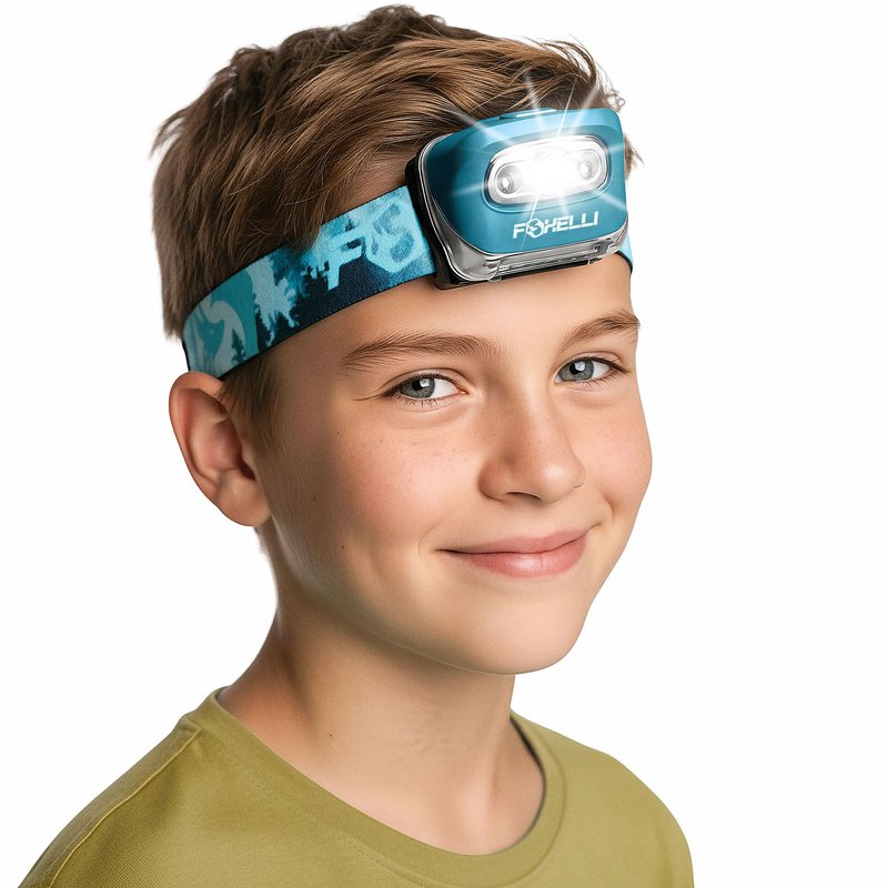 Foxelli LED Headlamp Flashlight for Adults & Kids, Running, Camping, Hiking Head Lamp with White & Red Light, Comfortable Headband, Lightweight & Waterproof, 3 AAA Batteries