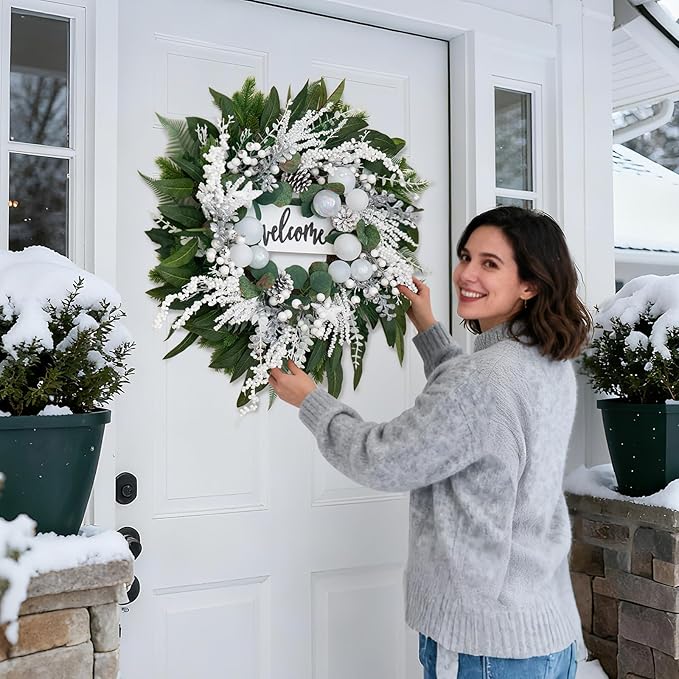 Winter Wreaths for Front Door 24 Inch Christmas & Winter Door Wreath with White Balls and Silver Berries, Festive Holiday Decor for Indoor and Outdoor, Seasonal Winter Home Decoration