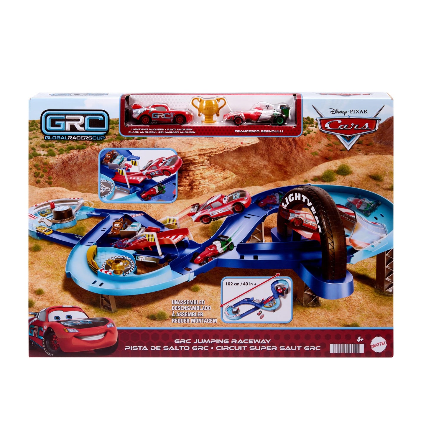 Mattel Disney and Pixar Cars Playset with 2 Toy Cars, Lightning McQueen & Francesco Bernoulli, GRC Jumping Raceway Track Set with Kid-Powered Booster, HXJ32