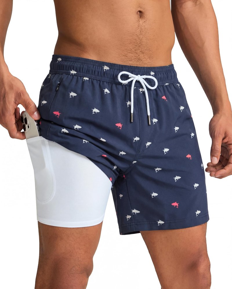 maamgic Mens Swim Trunks with Compression Liner 5 Inch, Quick Dry Bathing Suit with Zipper Pockets, Stretch No-Chafing Swim Shorts, Navy-Mini Shark X-Small