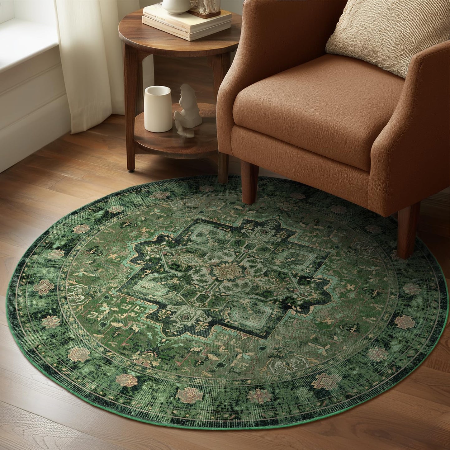 Jainmy Green Small Round Washable Rug 4ft for Entryway Low Pile, Kitchen Bathroom Circle Rug 4 Feet Non Slip Low Pile, Vintage Medallion 4 Foot Round Area Rug for Small Living Room/Dining Room/Bedroom