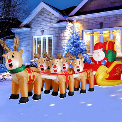 DomKom 12 FT Christmas Inflatable Outdoor Santa Claus on Sleigh with Five Reindeer, Building LED Lights, Blow Up Yard Decoration for Party Garden Lawn Winter Decor