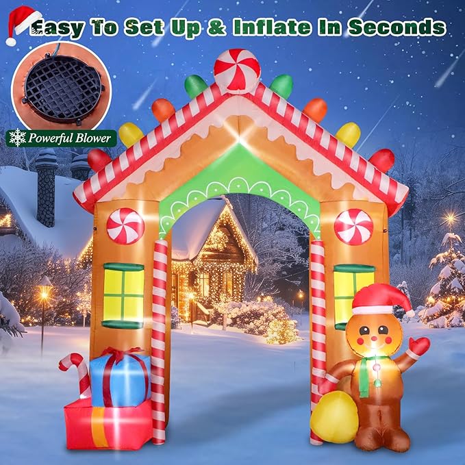 FunFanso 9 FT Christmas Inflatable Archway Outdoor Decorations, Gingerbread House Arch Blow Up Yard Decoration with Colorful Gifts, Build-in LED Lights for Garden Lawn Yard Porch Holiday Party Decor