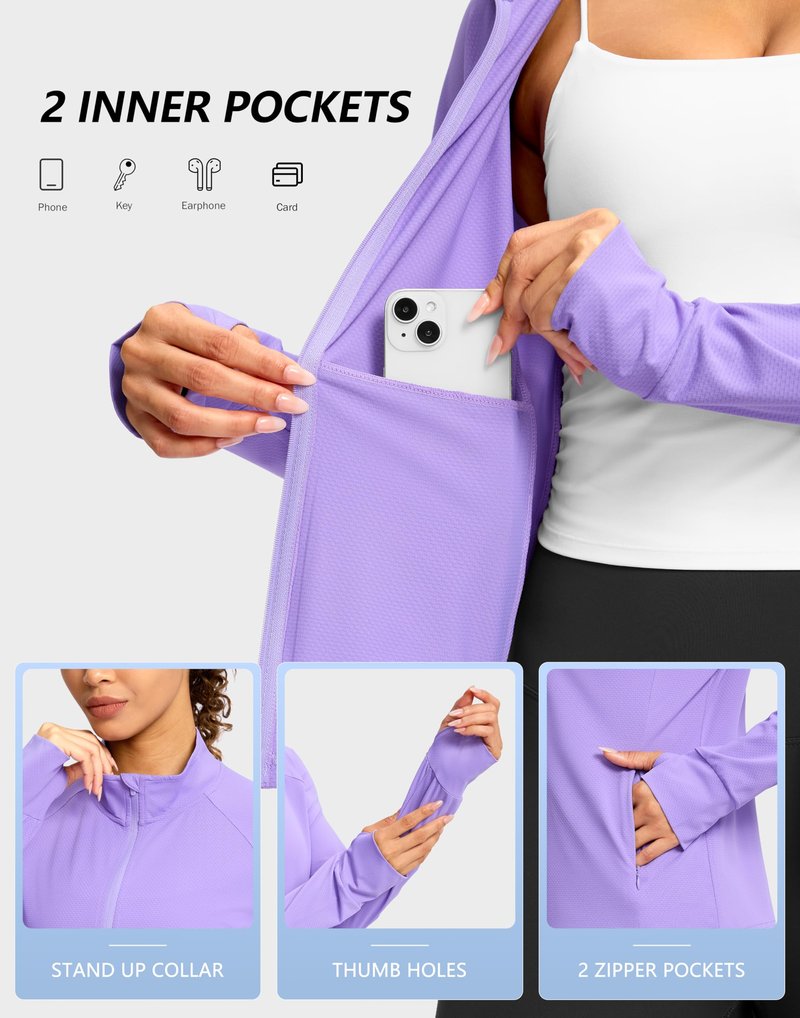 G Gradual Women's UPF 50+ Lightweight Athletic Jacket Sun Protection Zip Up 4 Pockets Long Sleeve Shirts Workout Running, Purple, M