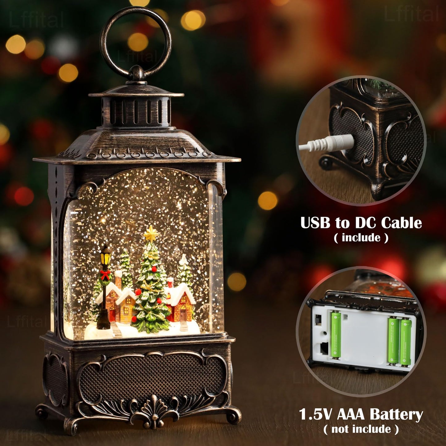 Lffital Christmas Snow Globes Lantern, Lighted Christmas Decorations Indoor for Home with Music Timer Glitter, Forest House Scene Musical Snowglobe Festival Gifts, USB & Battery Operated