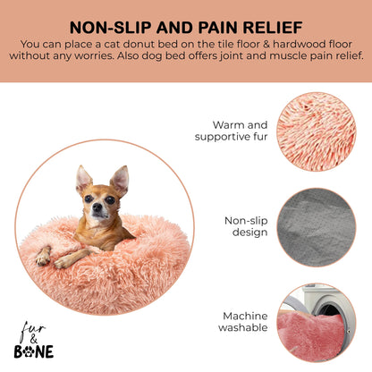 Fur & Bone Round Plush Donut Dog Cat Bed | Fluffy Cuddler Pet Cushion Self-Warming Beds | Washable Dog Bed with Non-Slip and Waterproof Bottom Calming Dog Bed - (60cm, Pink)