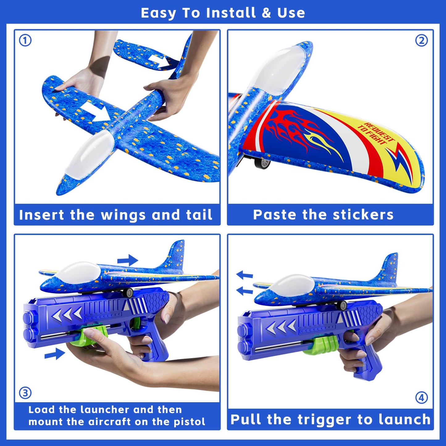 Doloowee 3 Pack Airplane Launcher Toys, 12.6 Inch LED Foam Glider Airplane Catapult, 2 Flight Modes, Outdoor Sports Flying Toys 4 5 6 7 8 9 10 11 12 Years Old Boys Girls Birthday Gifts (Blue)