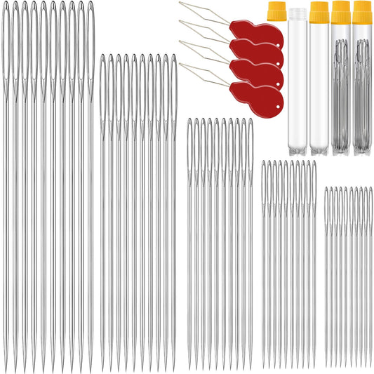100 Pack Premium Large Eye Needles for Hand Sewing with 4 Needle Threaders, Assorted Sizes, Embroidery Needles for Hand Sewing, Sewing Needles Large Eye, Big Eye Needle