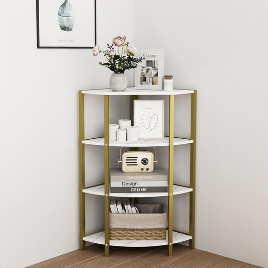Rpuzonier 4 Tier Corner Bookshelf, Industrial Corner Shelves Plant Stand Small Short Corner Shelf Table, Wood Corner Display Shelf Corner Shelving Unit for Small Spaces, Living Room, Bedroom (White)
