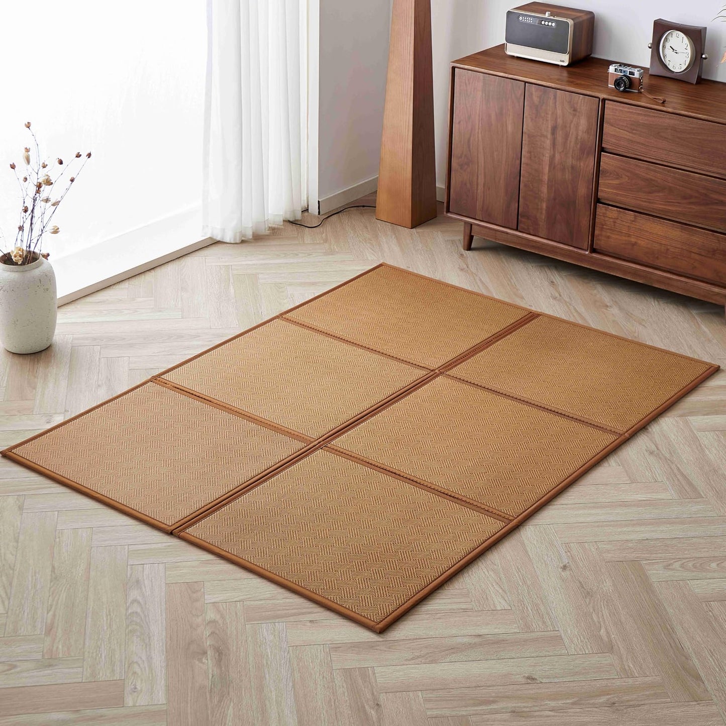 KITBRHOME Natural Rattan Floor Foldable Tatami Mat,Queen, 79" x 59" x 0.5"