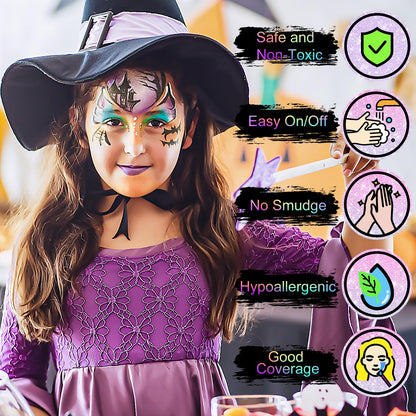 Fenmay Face Painting Kit for Kids, 24 Colors Washable Face Paint, Safe for Sensitive Skin, Non-Toxic Professional Face Painting Kit, Halloween Birthdays Makeup Set with Stencils, Guide Book