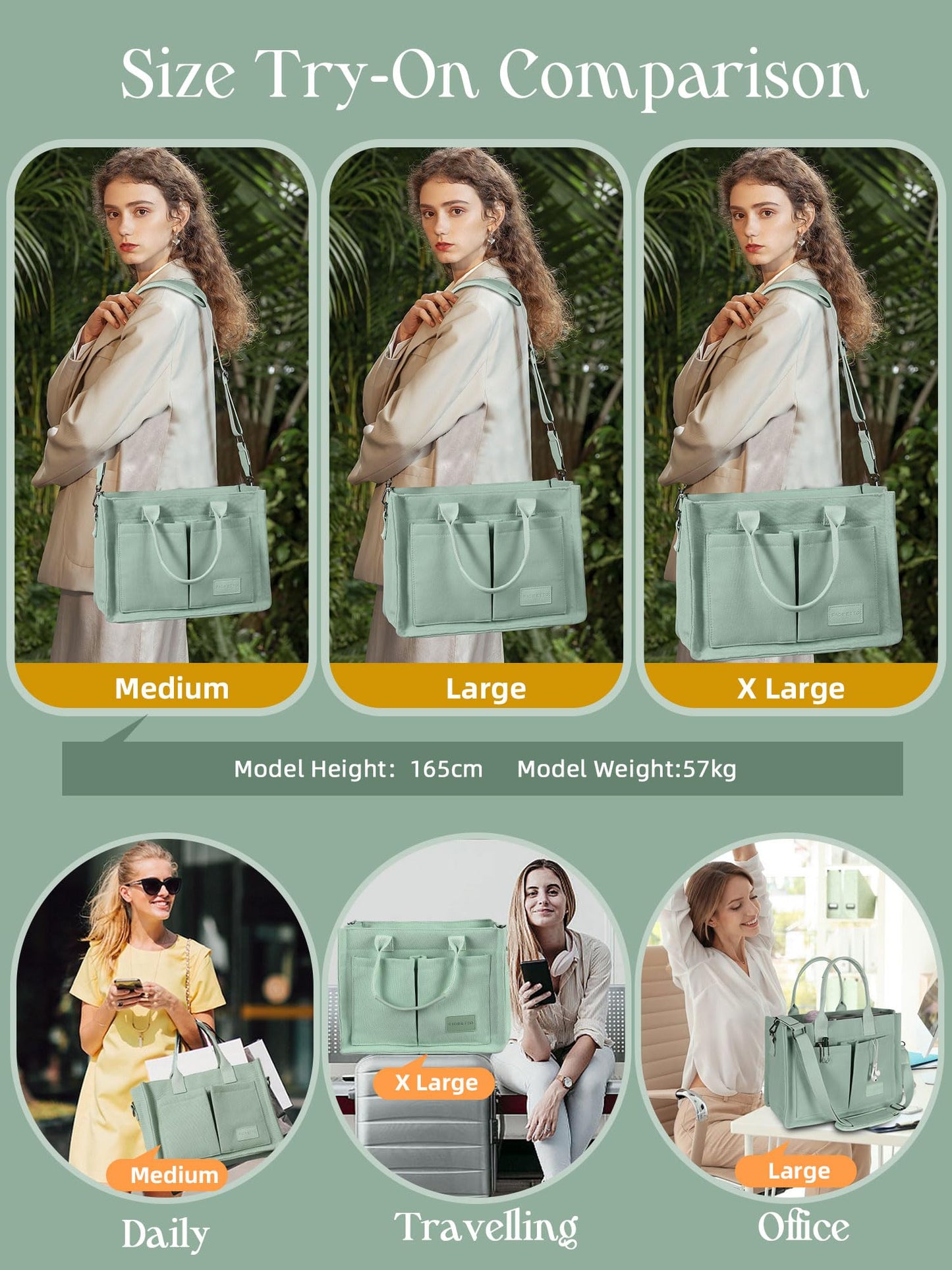 FIORETTO Canvas Tote Bag for Women with Zipper Closure & Individual Compartments for Work College, Crossbody Laptop Tote Purse Handbag with Detachable Strap & Bottom Support for Teacher & Nurse Green