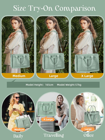 FIORETTO Canvas Tote Bag for Women with Zipper Closure & Individual Compartments for Work College, Crossbody Laptop Tote Purse Handbag with Detachable Strap & Bottom Support for Teacher & Nurse Green