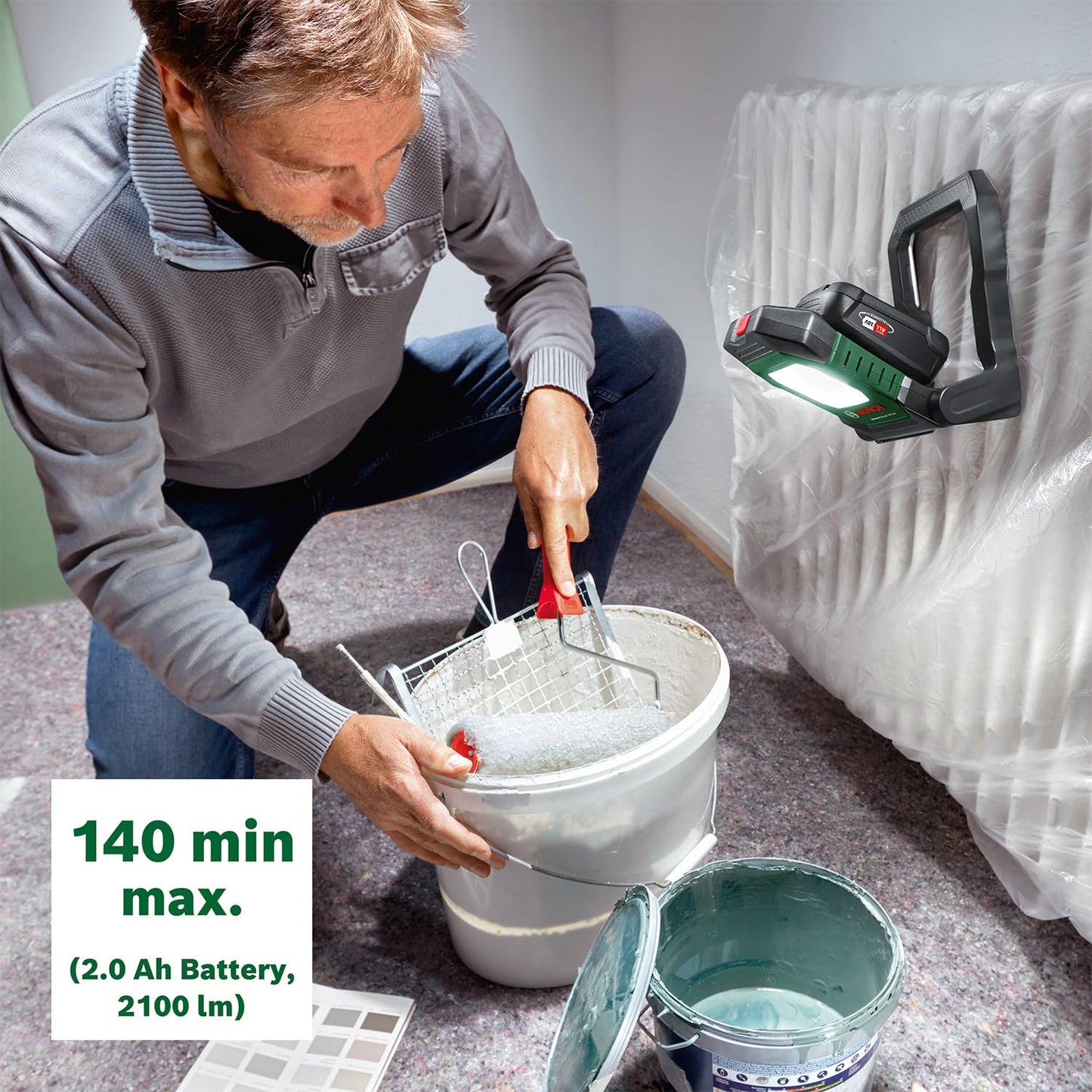 Bosch Cordless LED Worklight/Construction Site Lamp/Portable Floodlight UniversalWorkLight 18V-2100 (Max. 2100 Lumen, 3 Brightness Setting, 10-Step Foldable Head; Without Battery)