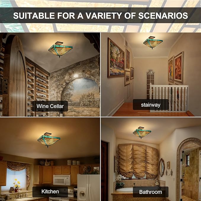 Capulina Tiffany Lamp Stained Glass Ceiling Light 2 Light 14 Inches Wide Amber Green Tiffany Style Semi Flush Mount Ceiling Lamp for Kitchen Porch Entryway Bathroom Hallway