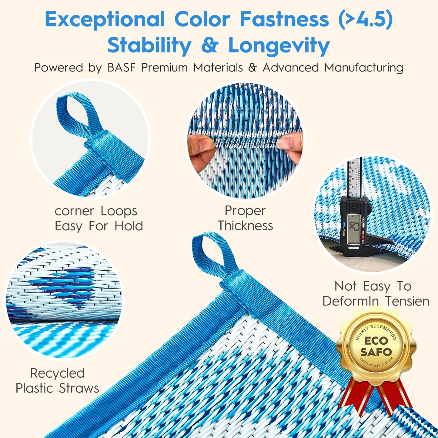 Alfolo Waterproof Outdoor Rug 8'x10'Plastic Straw Reversible Boho Blue & White Lightweight Patio Rug for Deck,Backyard,RV Camping,Poolside, Stain & UV Resistant Fade Proof Portable Outdoor Carpet