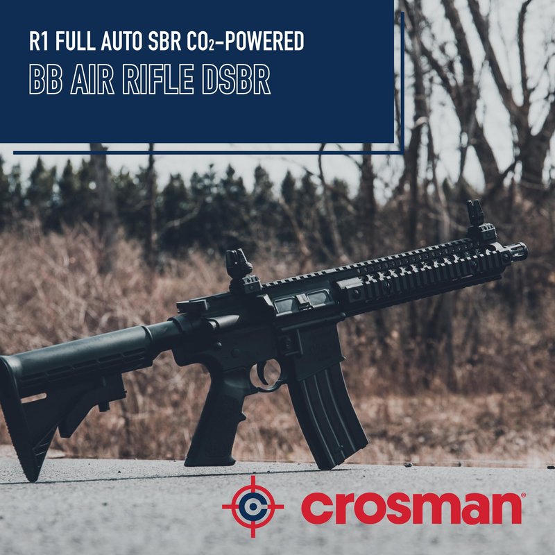 Crosman Full Auto R1 CO2 BB Air Rifle with 25-Round Magazine - Full and Semi-Auto Action, 1400 round per minute rate, Adjustable Stock, Quad Rail - Black