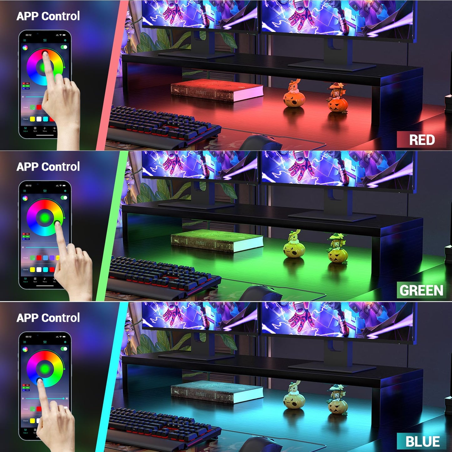 armocity Computer Desk with LED Lights, 48 Inch Reversible Large Desk with Power Outlet and USB, 48'' Gaming PC Table with Moveable Monitor Stand for Home Office, Workstation, Black