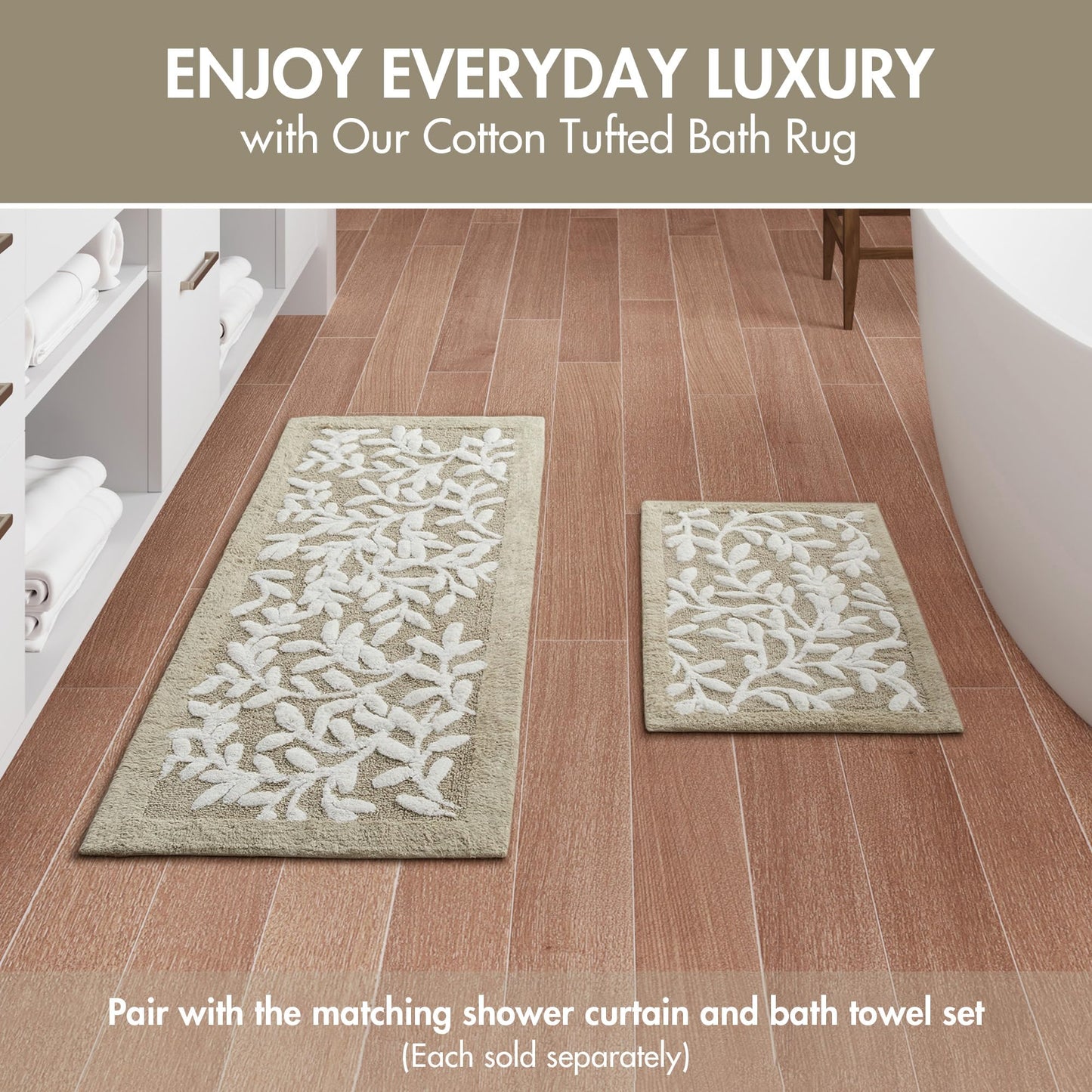 Madison Park Serene 100% Cotton Tufted Bathroom Rug - High & Low Tufting Floral Leaf Design, Quality Luxurious Plush Medium Pile Bath Mat Absorbent, Quick Dry, Shower Room Décor, 21x34 Taupe