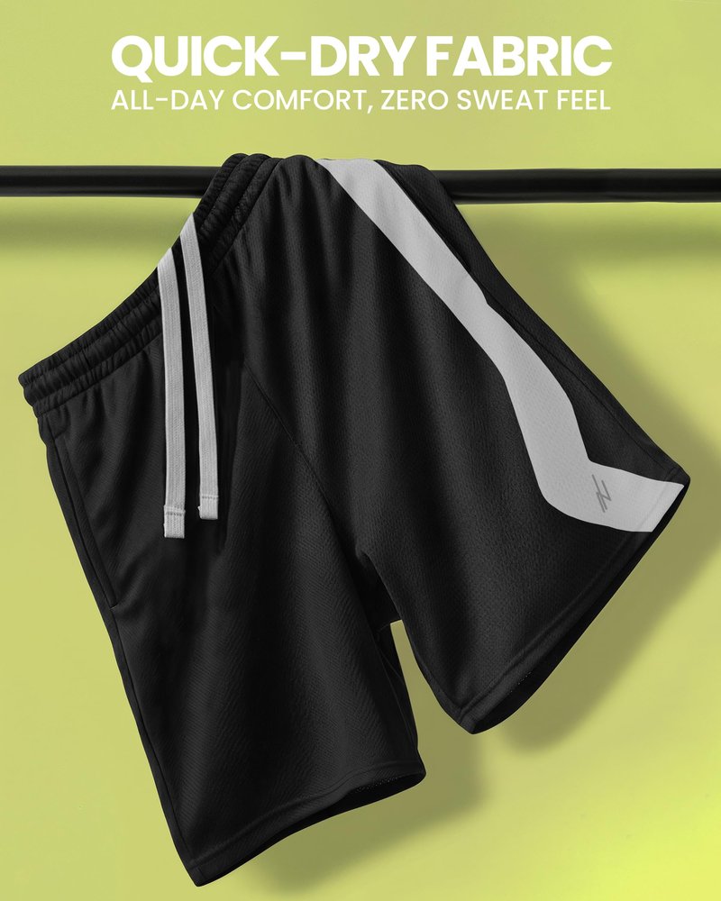 NY Threads Men's Athletic Shorts Quick Dry Loose-Fit Lightweight Running Workout Gym Shorts with Pockets, Large, Black White Panel