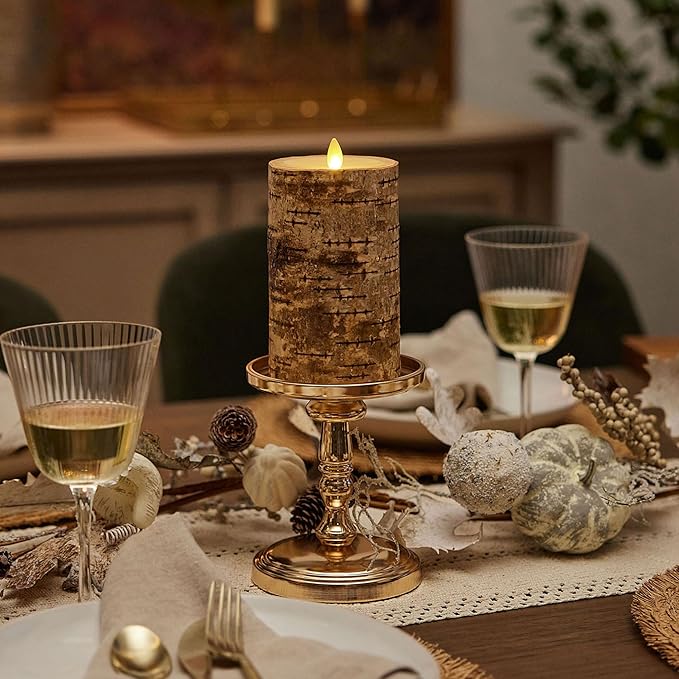 Luminara Real Birch Bark Wrapped Flameless LED Candle, 3.5" x 6.5", Battery Operated Moving Flame Pillar Light with Timer - Natural Decor Unscented