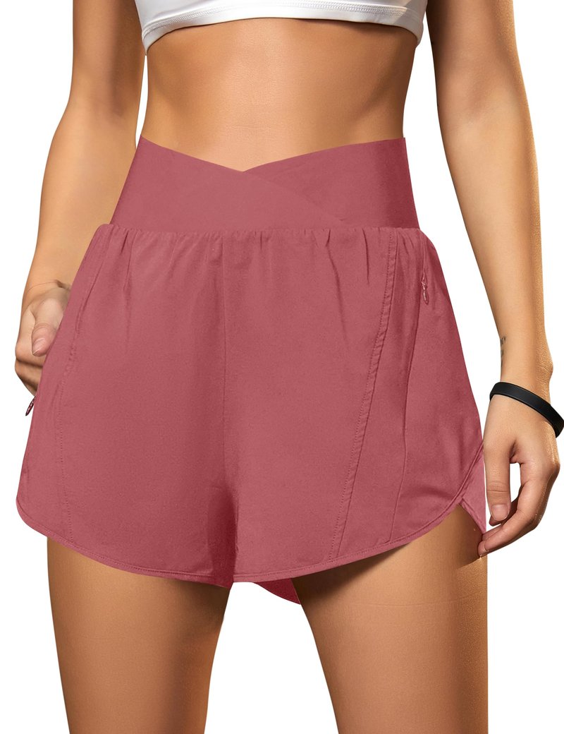 Blooming Jelly Women's Workout Shorts Athletic Running Crossover High Waisted Gym Sport Yoga Shorts with Zipper Pockets (Dusty Pink,Small)