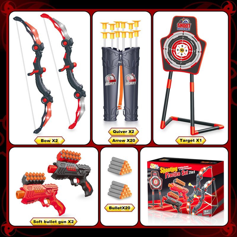 SpringFlower 2-in-1 Active Target Play Set with LED Light-Up Bow & Soft Foam Dart Blasters – Indoor Outdoor Family Game for Kids Ages 5-10, Gift for Boys & Girls