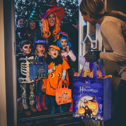 AhfuLife 6 Pcs Halloween Trick or Treat Bags, Large Candy Tote Bags with Handles, Reusable Non-Woven Gift Bag for Halloween Party Supplies Favors (15×11.8×3.9’’)