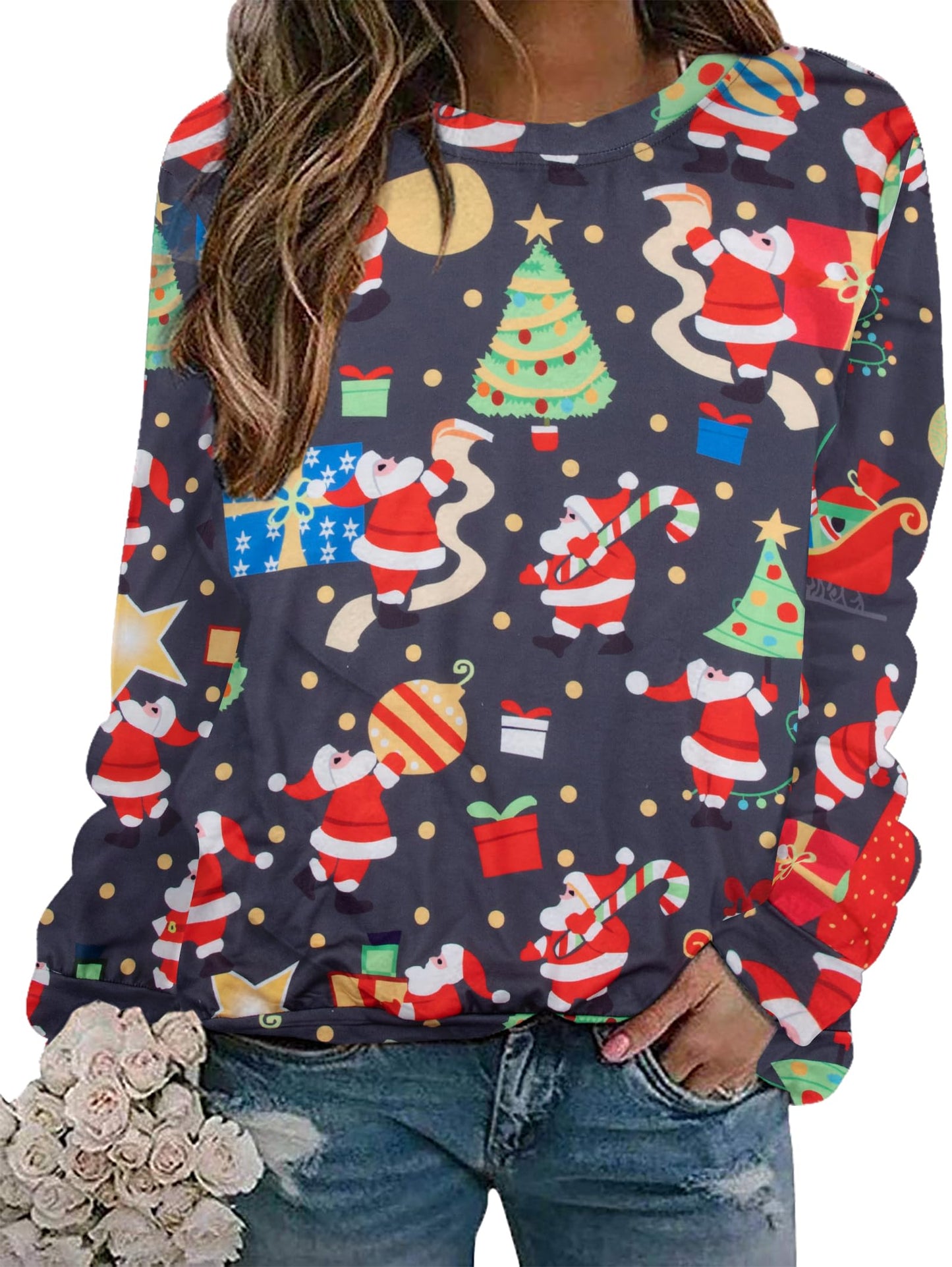MOUSYA Christmas Sweatshirt Women Funny Ugly Christmas Pullover Shirt Xmas Holiday Santa Prints Long Sleeve Tops Grey