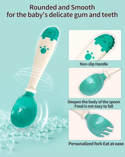 Deejoy Toddler Utensils, Self-feeding Flatware Set withTravel Case, Baby Spoons and Forks with Silicone Bendable Handle, Easy Grip Heat-Resistant, Ideal for Kids, Stage 2 (Green)