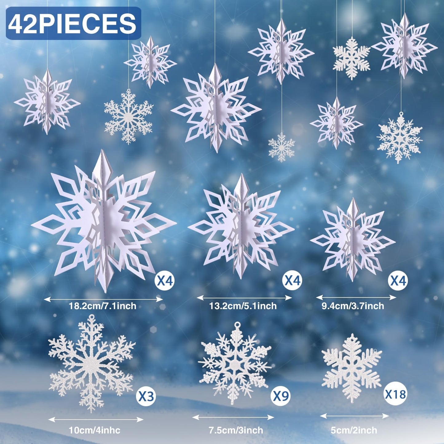 Outus 42 Pcs Winter Christmas Party Decorations 3D Snowflake Hanging Decoration Set 3D Hanging Snowflake Decor Pendant for Christmas Winter Party New Year Home(2 Inch, 3 Inch, 4 Inch,White)