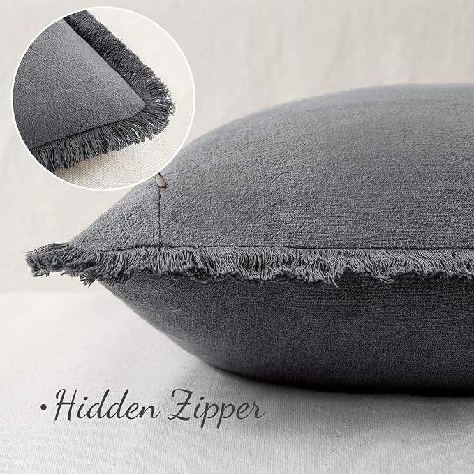 MIULEE Decorative Throw Pillow Covers Neutral Linen Fringe Throw Pillows Euro Shams Set of 2 Dark Grey Boho Farmhouse Cushion Covers for Couch Sofa Bed Living Room Spring Home Decor 24x24 Inch