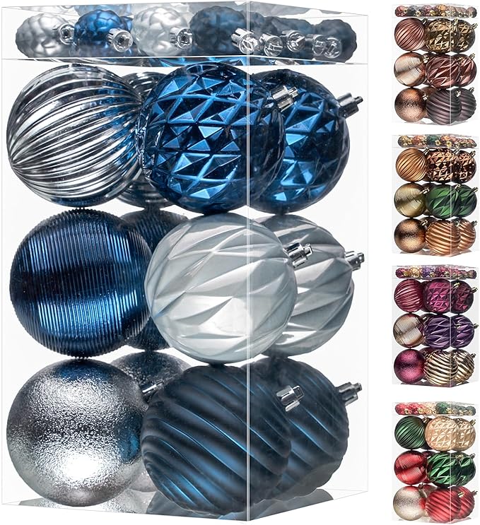 JORNOY Blue and Silver Christmas Tree Ornaments - 3.12inch/80mm Shatterproof Ornaments for Christmas Tree Set Plastic Decorative Hanging Balls Ornaments for Xmas Tree Decorations, 32ct (Blue & Silver)