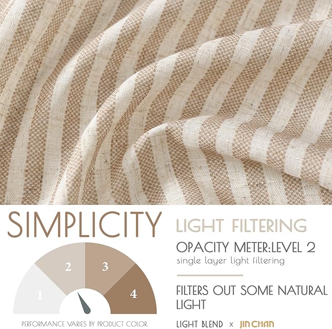 jinchan Tab Top Linen Kitchen Curtains 36 Inch Striped Tier Curtains Ticking Stripe Small Drapes for Living Room Bathroom Cafe Small Window Farmhouse Rustic Pinstripe Rod Pocket 2 Panels Tan