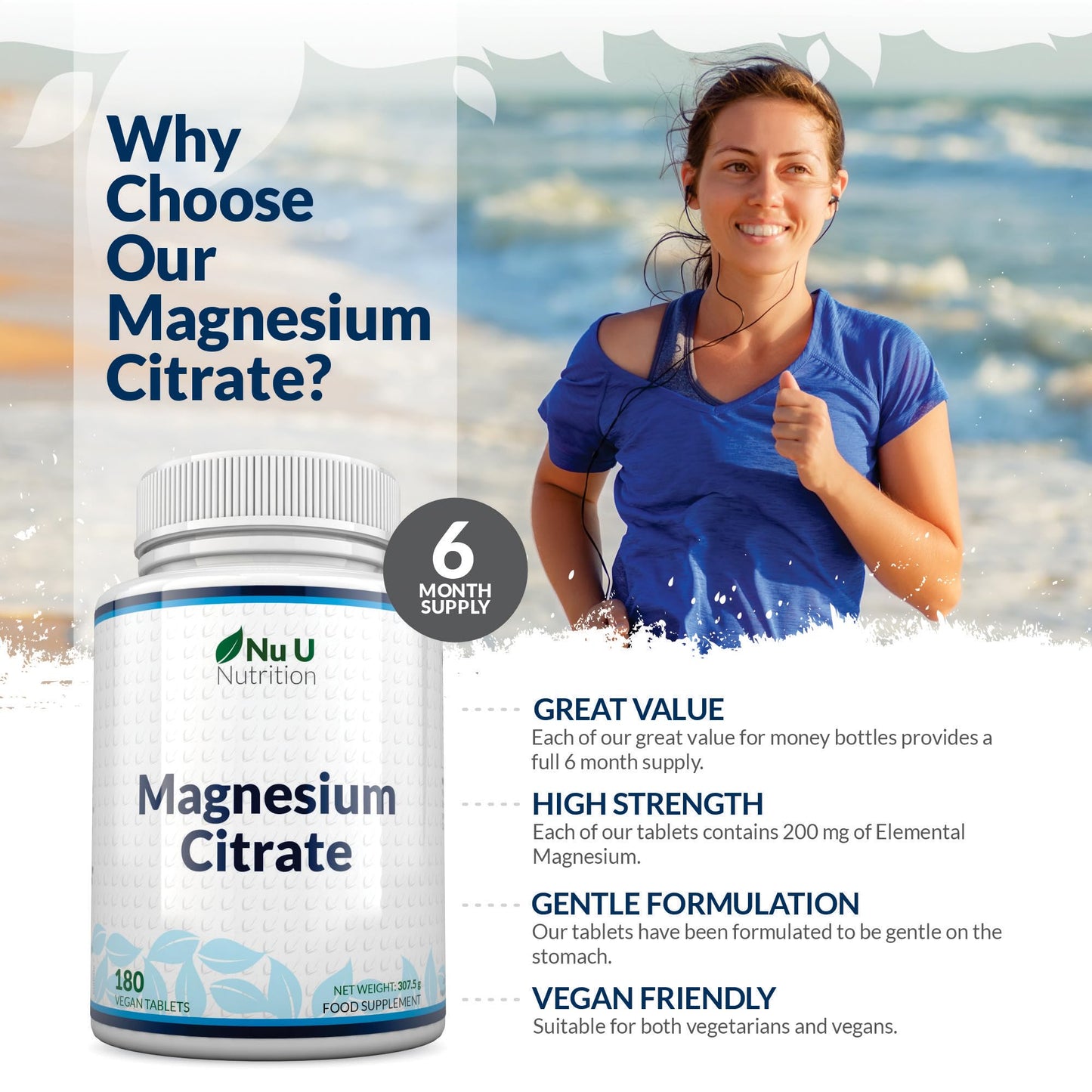 Magnesium Citrate 700mg - 180 Vegan Tablets - 6 Month Supply - 200mg of Elemental Magnesium Tablets - Made in The UK - Nu U Nutrition