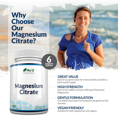 Magnesium Citrate 700mg - 180 Vegan Tablets - 6 Month Supply - 200mg of Elemental Magnesium Tablets - Made in The UK - Nu U Nutrition
