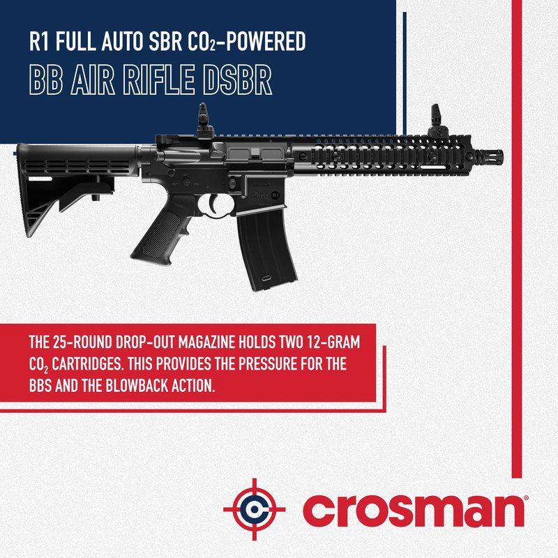 Crosman Full Auto R1 CO2 BB Air Rifle with 25-Round Magazine - Full and Semi-Auto Action, 1400 round per minute rate, Adjustable Stock, Quad Rail - Black