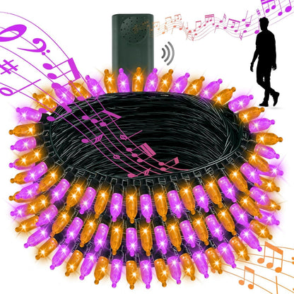 Tcamp Battery Operated Halloween Lights Motion Activated Sync with Music, 33FT 100 LED Orange Purple String Lights with Spooky Music for Outdoor Indoor Halloween Decor (6 Lighting Modes)