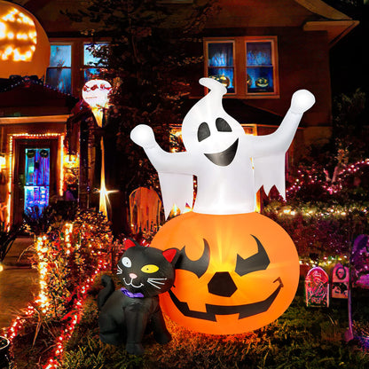 5 FT Halloween Inflatables Outdoor Spooky Pumpkin and Witch' s Black Cat Combo Inflatable Decor, Halloween Blow Up Yard Decorations Clearance with Build-in LED Lights, Halloween Outdoor Decorations
