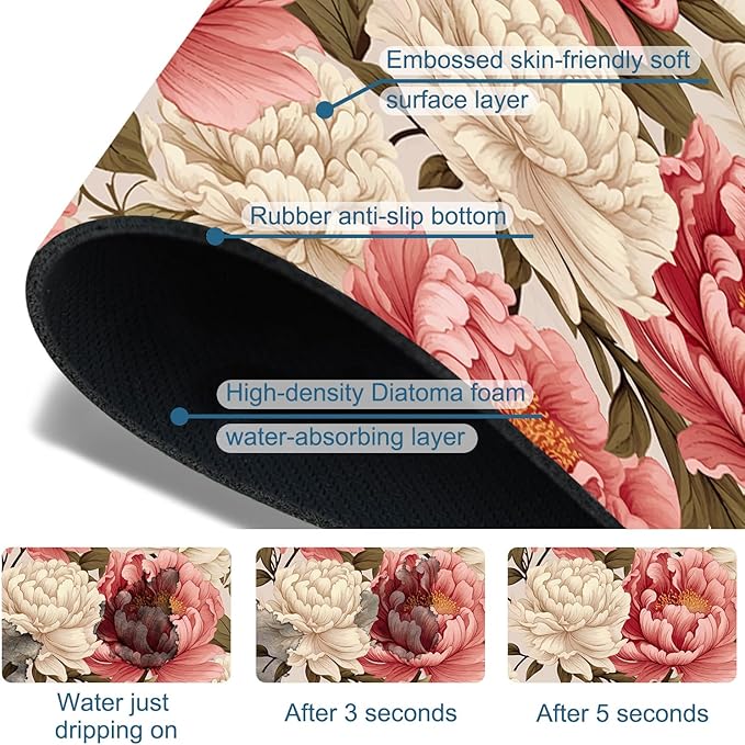 Beautiful Peony Sink Faucet Absorbing Mat Bright Peonies Super Absorbent Fast
