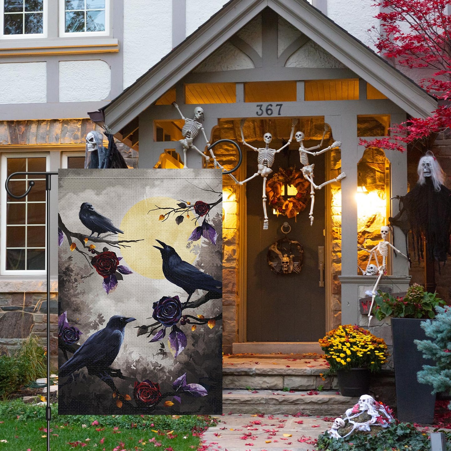 Louise Maelys Halloween Crow Garden Flag 12x18 Double Sided, Burlap Small Welcome Boo Halloween Floral House Flags Seasonal Holiday Outdoor Outside Decor (ONLY FLAG)
