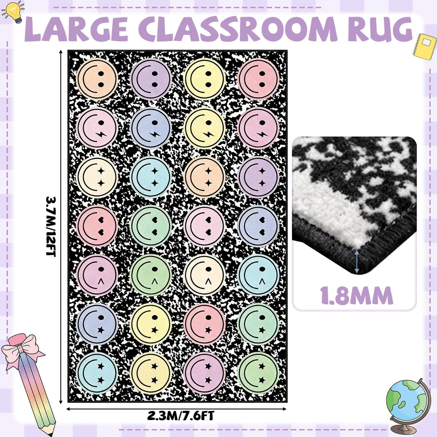 7.6x12 ft Large Smile Face Classroom Rug Happy Face Educational Area Mat Composition Notebook Play Carpet Back to School Learning Mat for Preschool Playroom Nursery Kindergarten(Black and White)