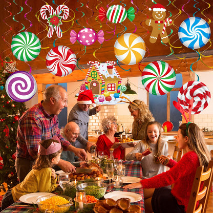 Zomiboo 53 Pcs Christmas Hanging Swirls Decorations Christmas Candy Gingerbread Man Truck Red Cardinals Christmas Ceiling Decor Ornaments for Christmas Tree Xmas Holiday Party(Candy)